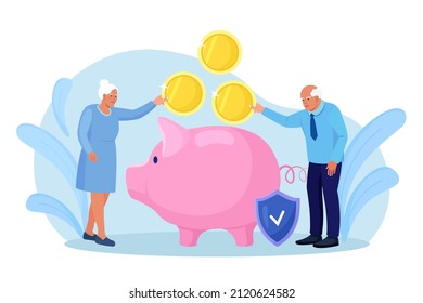 Elderly husband and wife throwing coins into piggy bank. Pensioners couple keeping money in bank deposit account. Pension savings investment in retirement mutual fund. Retirement, family budget