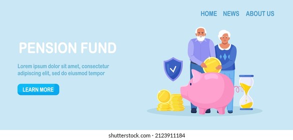 Elderly husband and wife throwing coins into piggy bank. Pensioners couple keeping money in bank deposit account. Pension savings investment in retirement mutual fund. Retirement, family budget