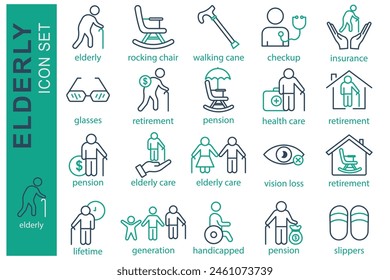 elderly icon set. elderly care, pension, vision loss and more. line icon style. old age element vector illustration