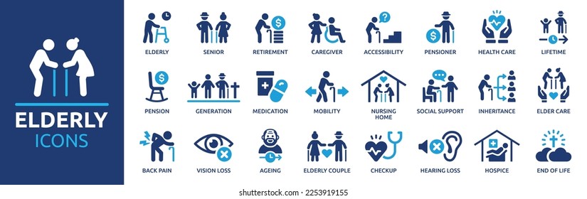 Elderly icon set. Containing senior, retirement, caregiver, accessibility, health, care, pensioner, generation, hospice, ageing and nursing home icons. Solid icon collection. - Shutterstock ID 2253919155