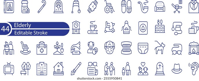 Elderly icon set. Containing senior, retirement, caregiver, accessibility, health, care, pensioner, generation, hospice, ageing and nursing home icons