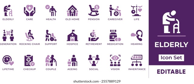 Elderly Icon Set. Features editable icons for elderly symbols, care, health, old home, pension, caregiver, life, and more. Perfect for healthcare, social services, and retirement planning designs.