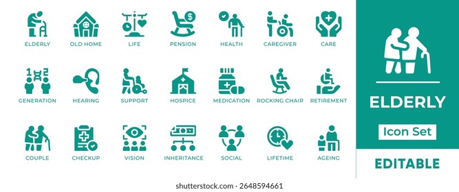 Conjunto de Ícones para Idosos. Apresenta ícones de cuidados com idosos, enfermagem, andadores, aposentadoria, monitoramento de saúde e apoio. Perfeito para serviços de saúde, cuidados e serviços sociais.