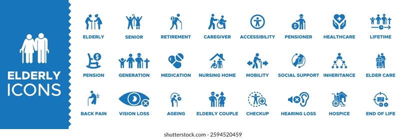 Elderly icon set. elderly icons set or pack. Containing senior, retirement, caregiver, accessibility, health, care, pensioner, generation, hospice, ageing and nursing home icons. Solid icon collection