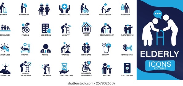 Elderly icon set senior, retirement, caregiver, accessibility, health, care, pensioner, generation, hospice, ageing You can easily change the color