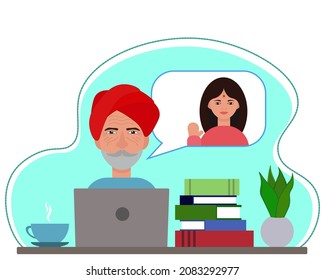 Elderly indian man sitting in front of laptop and chatting with granddaughter online, vector image