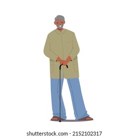 Elderly Indian Man with Walking Cane wear Green Long Robe and Blue Pants. Old Male Character Wear Traditional Clothes. People of India Isolated on White Background. Cartoon Vector Illustration