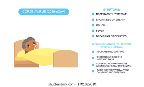 Elderly Indian woman with high temperature cartoon character. Patient sick old woman with thermometer in bed. Infographics list of recommendations for protection against coronavirus, symptoms