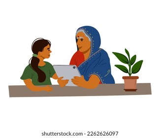 Elderly Indian woman with a little girl looking at a tablet. Vector illustration