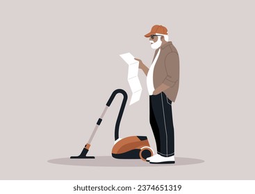 An elderly individual consulting a manual to troubleshoot and correct an issue with a vacuum cleaner