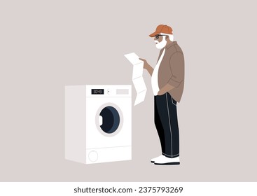 An elderly individual consulting a manual to troubleshoot and correct an issue with a washing machine