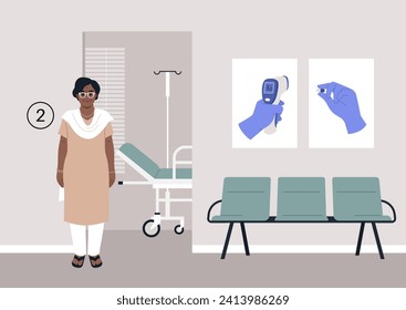 An elderly individual patiently waits in the hospital corridor, anticipating their annual checkup