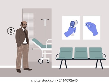 An elderly individual patiently waits in the hospital corridor, anticipating their annual checkup