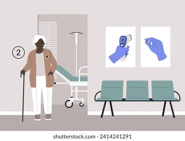 An elderly individual patiently waits in the hospital corridor, anticipating their annual checkup svg