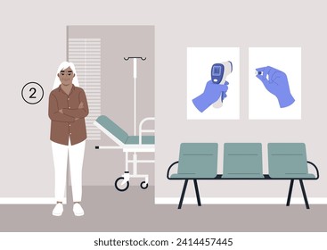 An elderly individual patiently waits in the hospital corridor, anticipating their annual checkup
