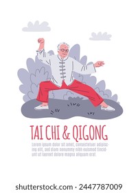 Elderly individual performing a Tai Chi stance. Vector illustration depicts a calming exercise routine for seniors in a gentle style.
