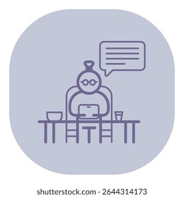 Elderly individual sitting at table using laptop, focused on digital interaction. Bowl and glass placed nearby, creating cozy indoor atmosphere