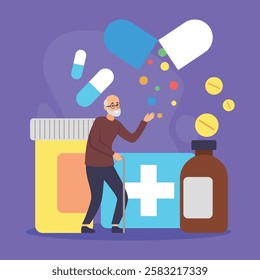 Elderly individual standing with cane, surrounded by various medicine bottles and colorful pills. Health and wellness, pharmacy concept