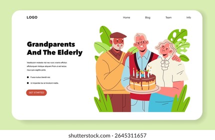 Elderly individuals celebrating a birthday with a cake and candles. The cheerful expressions and colorful setting highlight a joyful moment of togetherness and celebration. Vector illustration.