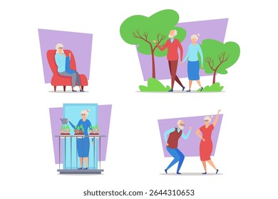 Elderly individuals engaged in diverse activities, including walking, gardening, and socializing. Active lifestyle concept