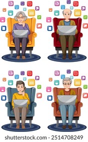 Pessoas idosas usando laptops com ícones de aplicativos