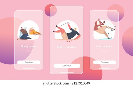 Elderly Injures Mobile App Page Onboard Screen Template. Senior Male or Female Character Falling Down on the Ground due to Slippery Road, Old People Stumble Concept. Cartoon People Vector Illustration