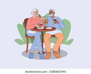 Elderly Interracial Couple Enjoying Retirement Socializing at Cafe Talking Eating Drinking Wine. Concept of Active Aging and Community. Colored Flat Vector Illustration. 