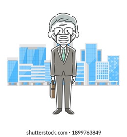 An elderly Japanese businessman wearing a mask with a bag.