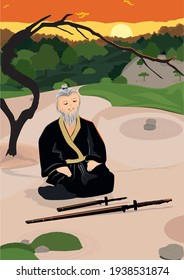 An elderly Japanese man sits in front of sunset. Spring season. Vector illustration.