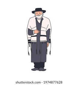 Elderly jewish religious orthodox man cartoon character, sketch vector illustration isolated on white background. Hasidic jew in religious traditional costume.