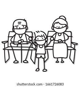 Elderly and kid wear mask for virus pollution and health protection protection. Hand drawing cartoon character. Vector illustration