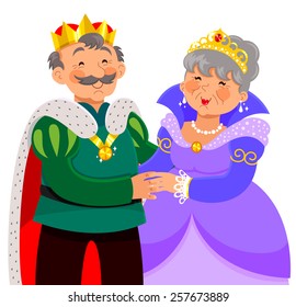 elderly king and queen hugging happily