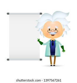 Elderly laboratory scientist holding presentation. Smart gray-haired man pointing at screen. Can be used for topics like medicine, education, chemistry
