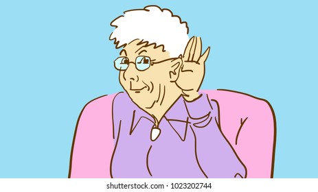 Elderly Lady In Armchair Listens Attentively With Her Hand At Her Ear. Funny Granny. Cartoon Color Vector Sketch.