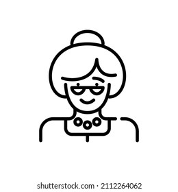 Elderly lady avatar. Grandmother wearing glasses with a head bun. Pixel perfect, editable stroke icon