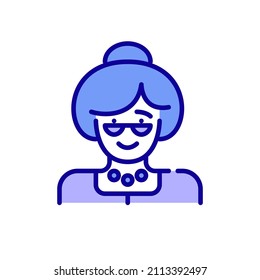 Elderly lady avatar. Grandmother wearing glasses with a head bun. Pixel perfect, editable stroke color icon