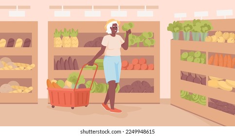 Elderly lady choosing healthy veggies for dinner flat color vector illustration. Senior woman with grocery cart. Fully editable 2D simple cartoon character with wooden sections on background