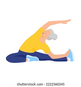 An elderly lady is doing stretching, fitness, yoga, exercises. Vector flat illustration