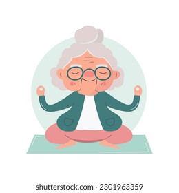 An elderly lady is doing stretching, fitness, yoga, exercises. Vector flat illustration on white