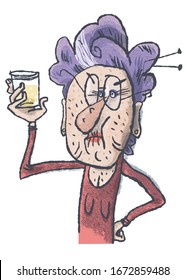 An elderly lady examines the contents of the test tube. Comic character. Vector illustration