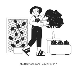 Elderly lady in garden black and white cartoon flat illustration. Old gardener holds plant linear 2D character isolated. Retired horticulturist. Grandmother gardening monochromatic scene vector image