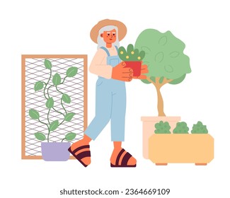 Elderly lady in garden cartoon flat illustration. Old gardener woman holding plant 2D character isolated on white background. Retired horticulturist. Grandmother gardening scene vector color image