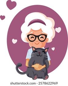 
Elderly Lady Holding a Cat Admiring her Pet Vector Character. Smiling grandmother taking care of her domestic animal friend 
 