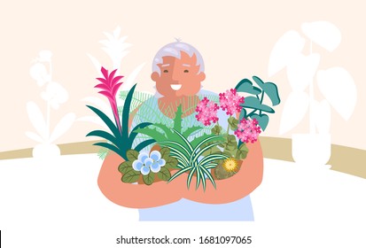 Elderly lady holds home flowers in her hands. Crazy plant lady, floriculture hobby and Urban jungle concept