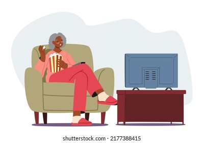 Elderly Lady Home Sparetime, Black Senior Woman Watch Tv With Popcorn. Aged Character Sitting On Sofa With Cat Having Fun Watch Program Isolated On White Background. Cartoon People Vector Illustration