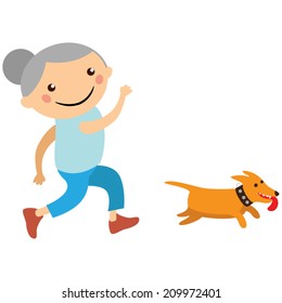 elderly lady jogging with her dog