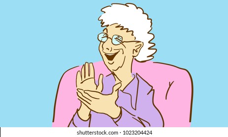 Elderly Lady laughs And Claps Her Hands. Funny Granny. Cartoon Color Vector Sketch. 