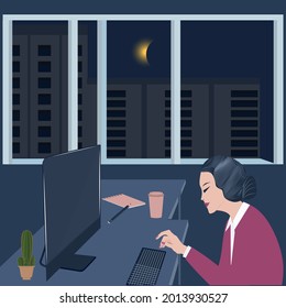 An elderly lady at night sits at her desk, looks at the news on her computer, window, moon, city - vector. Doom scroll. Internet addiction.