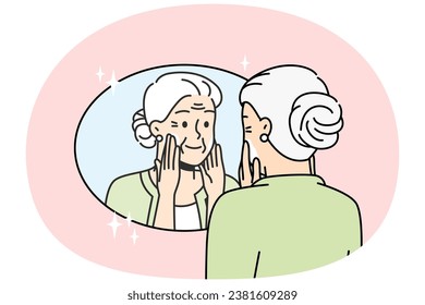 Elderly lady puts anti-aging cream on face in front of mirror. Old woman takes care of facial skin to remove wrinkles. Pensioner wants to stay young, doing beauty routine. Vector linear illustration.