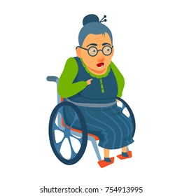 Elderly lady sitting in attendant propelled, self-propelled wheelchair. Vector cartoon illustration isolated on white background. Old woman swears, gets angry, pointing his finger.